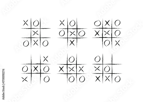 Hand-drawn of six different tic-tac-toe games with various outcomes. The grunge, doodle style features X and O marks and grids created with thick, rough lines, giving it a playful, sketchy, retro feel