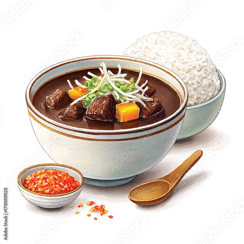 Hearty beef stew with rice and chili flakes a delicious meal.