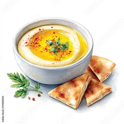 Hummus with Pita Bread and Olive Oil Drizzle.