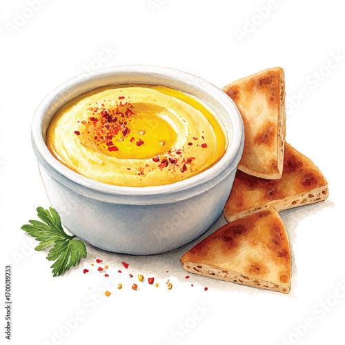 Hummus with Pita Bread and Parsley Garnish.