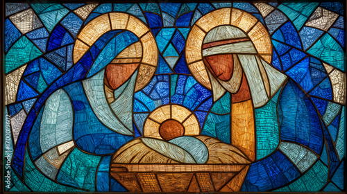 Stained Glass Nativity Scene with Mary, Joseph, and Baby Jesus. Symbolic Christian Christmas illustration with spiritual and festive atmosphere.