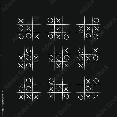 Tic-tac-toe games with various results. The rough, sketchy lines give a classic chalkboard or school-doodle feel, ideal for playful, retro, or casual designs