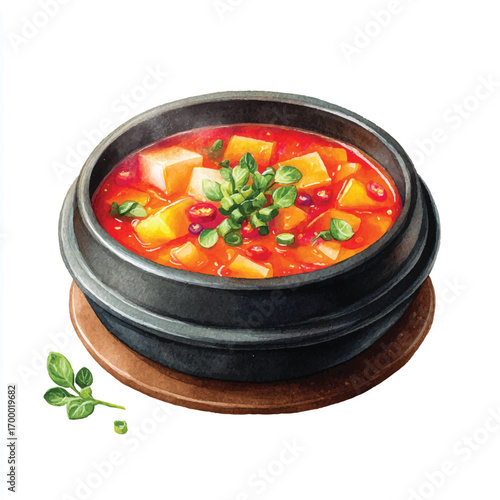Korean Kimchi Jjigae Spicy Tofu and Vegetable Stew in Earthenware Pot.