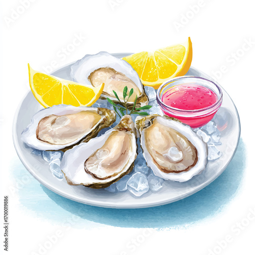 Oysters with Lemon and Sauce on a Plate.
