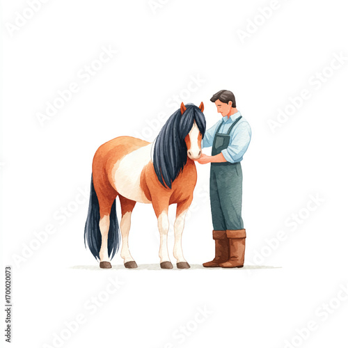 Man and horse standing together in a gentle interaction.
