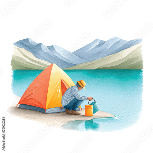 Man preparing food next to a tent by a lake.