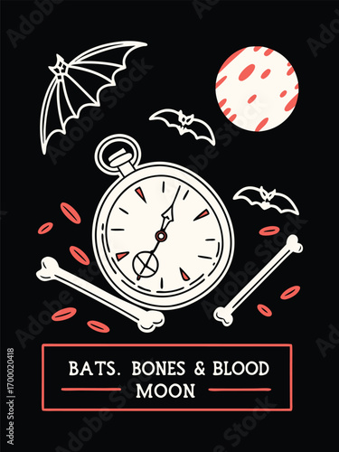 Vintage Pocket Watch Broken Open With Flying Bats, Spooky Halloween T-Shirt Design, Gothic Clock Illustration, Dark Vector Art
