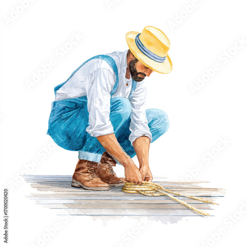 Man weaving straw focused on his craft wearing a hat.