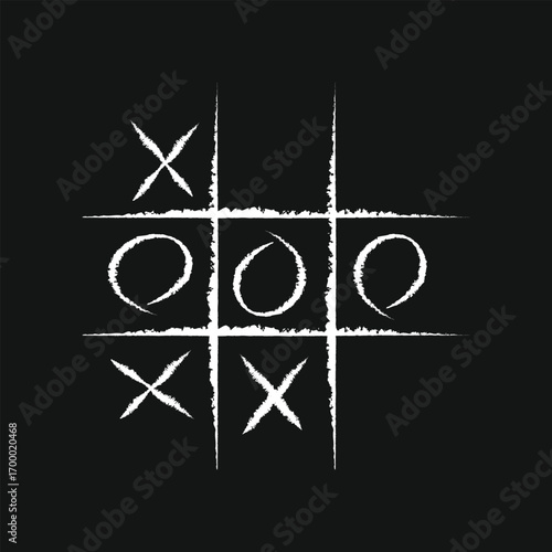 Chalkboard-style tic-tac-toe game with a winning line. Hand-drawn X and O symbols. Ideal for game UI, educational themes, or retro design projects. Perfect for websites, posters, and t-shirts