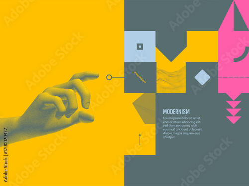 The hand selects objects from a set. Art composition. Geometric design. Vector illustration for poster, cover, brochure, card, presentation, flyer or banner.