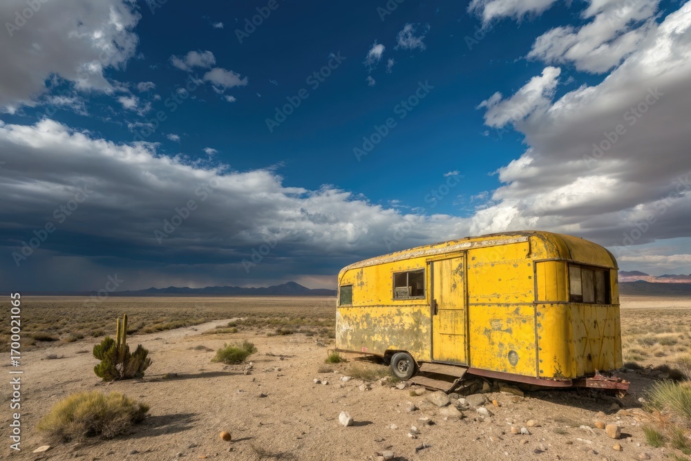 Fototapeta premium Abandoned Yellow Trailer in the Desert Under a Stormy Sky