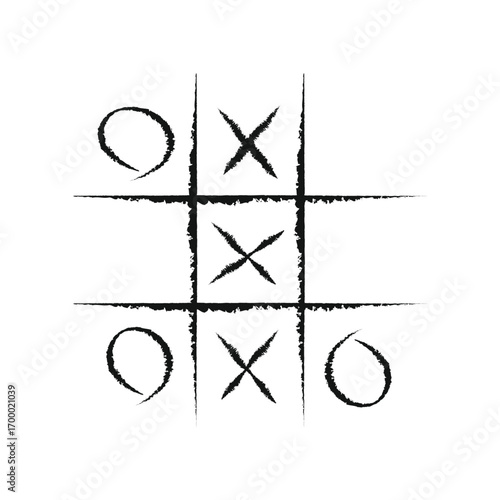 A hand-drawn tic-tac-toe game, ink style on a white background. The classic game board is filled with three X's and three O's, giving it a playful, artistic feel. Perfect for gaming, childhood