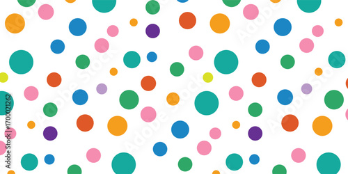 Seamless multicolor polka dot vector pattern, colorful pastel background for fabric, paper, and textile design.