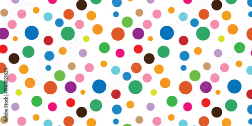 Seamless multicolor polka dot vector pattern, playful pastel fabric and kids stationery background.