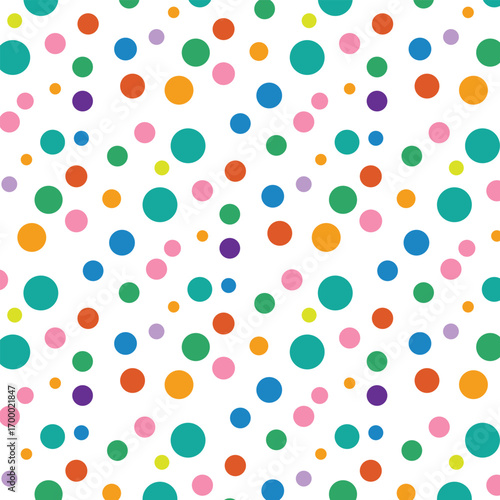 Seamless multicolor polka dot vector pattern, playful pastel fabric and kids stationery background.