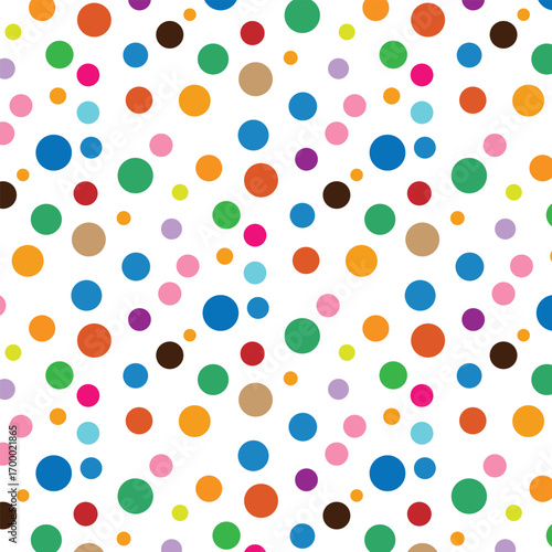 Seamless multicolor polka dot vector pattern, playful pastel and bright dots background for fabric and stationery.