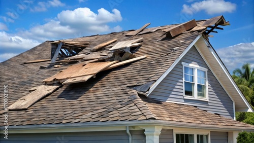Storm Damage to Residential Roof with Missing Shingles and Wood