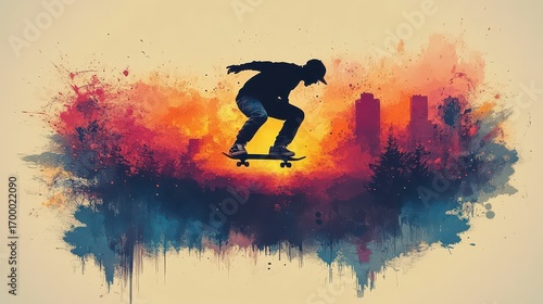 Silhouette of skateboarder performing an ollie trick against a colorful cityscape sunset backdrop.