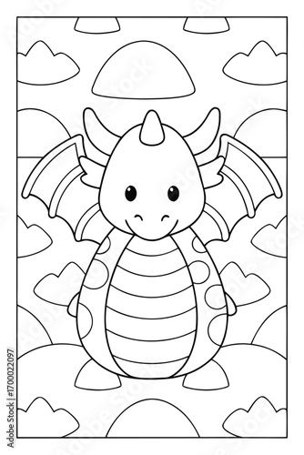 Adorable cartoon dragon with wings and horns standing among clouds cute fantasy