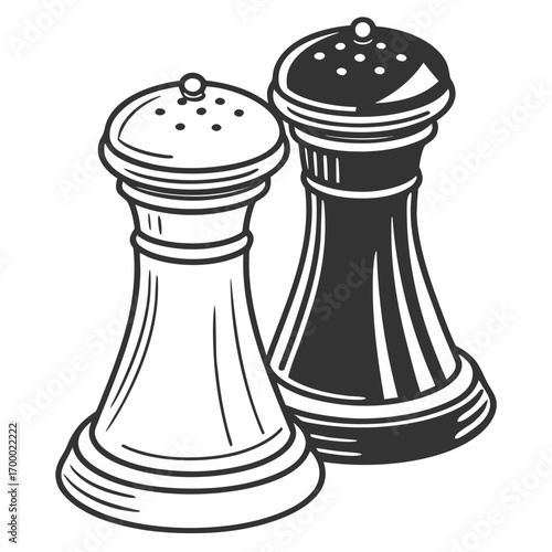 Black and white salt and pepper shakers on a kitchen table