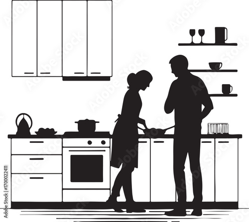 Black silhouette of a couple cooking together in a kitchen with cabinets and shelves black and white