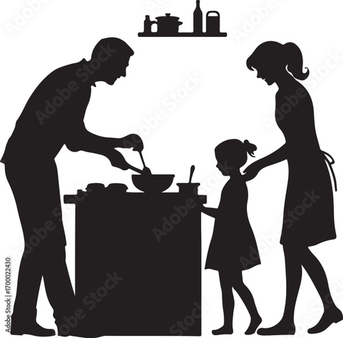 Black silhouette of a family cooking together in a kitchen father