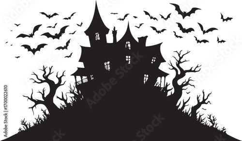 Black silhouette of a haunted house with bats flying around bare trees on a hill halloween