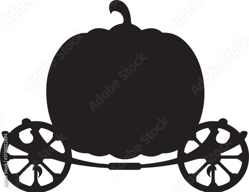 Black silhouette of a pumpkin carriage with ornate wheels on a white background halloween