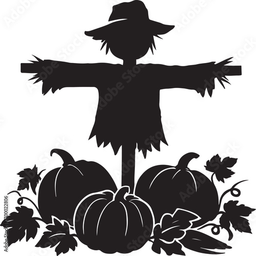 Black silhouette of a scarecrow with pumpkins and leaves black and white gourds