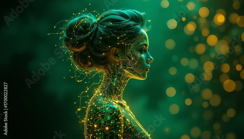 Futuristic AI entity with circuits and glowing particles