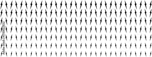 Repeated thunder bolt icons pattern. Flash signs print. Black electric light sybmols on white background. Power, shock or danger comic cartoon effect. Vector graphic illustration