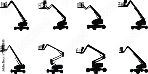 Boom lift, cherry picker, aerial work platform, construction lift, industrial machinery, articulated arm, maintenance equipment, safety platform, elevated work, heavy duty machine