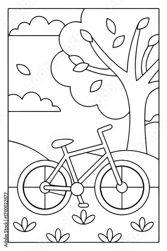 Bicycle Under a Tree with Clouds and Flowers Coloring Page bike leaves