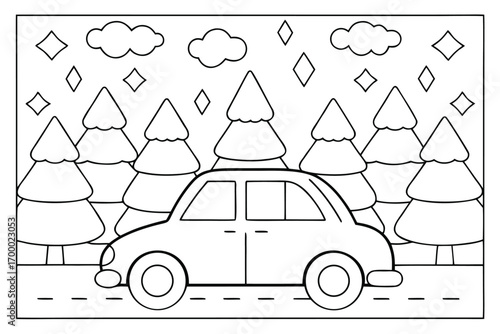 Black and white line art of a car on a road with pine trees and diamond shapes Keywords: car, vehicle, automobile, driving, road, street, dashed