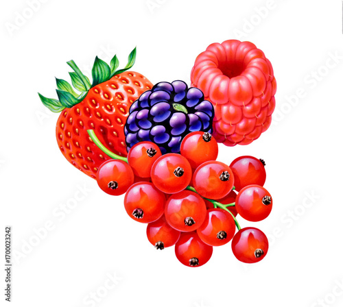 Airbrush Illustration aus den 1990er Jahren, mit Erdbeere, Himbeere, Brombeere, rote Johannisbeeren