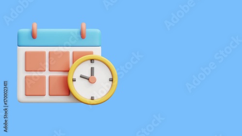 3d calendar icon and clock on blue background. Suitable for time management concepts in designs for events or scheduling apps