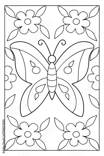 Black and white outline of a butterfly surrounded by simple flowers and leaves insect wings