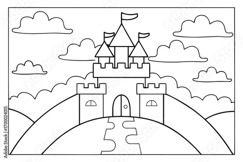 Black and white outline of a fairytale castle on a hill with clouds and a path fantasy medieval