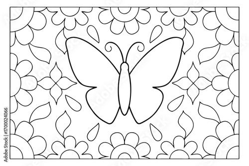 Black and white outline of a butterfly with a floral background pattern insect wings