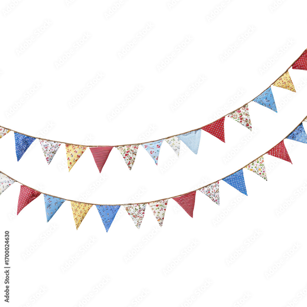 Fototapeta premium Vibrant fabric flags in various patterns hang across the room, creating a joyful ambiance for a special event