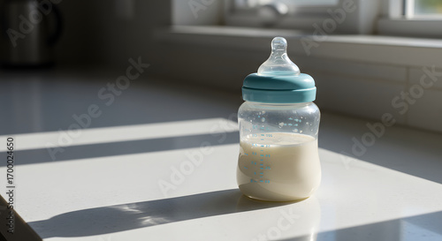 A baby bottle on a kitchen counter with a domestic mood representing newborn care
