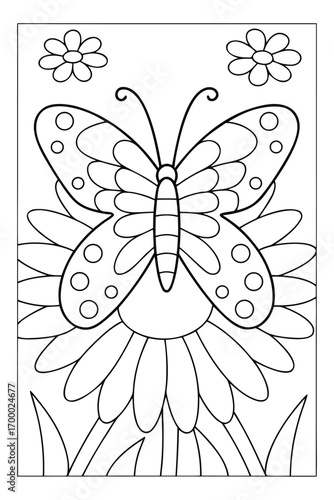 Butterfly on a Daisy Coloring Page with Flowers and Leaves Keywords: butterfly, insect, bug, flying, flower, daisy, bloom, petal, nature, garden