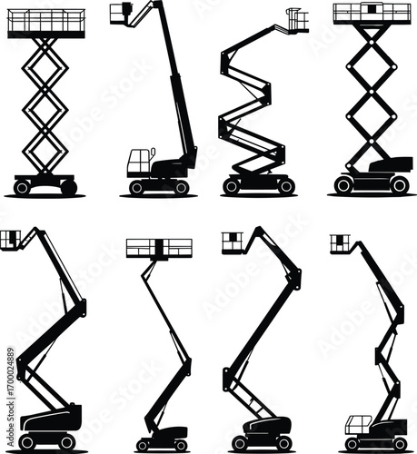 Aerial work platform, boom lift, scissor lift, cherry picker, construction equipment, industrial machinery, maintenance lift, safety platform, elevated work, hydraulic arm