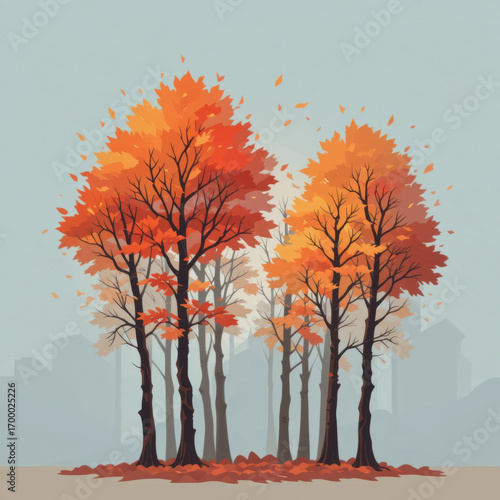 Vibrant Autumn Trees with Falling Leaves Against a Hazy Cityscape Backdrop