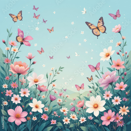 Serene Butterfly Garden A Whimsical Floral Illustration