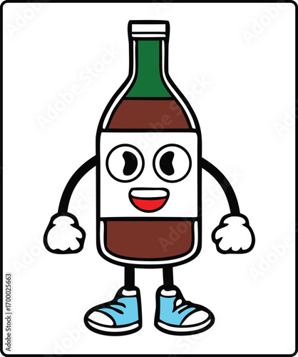 Cartoon Bottle Character with Shoes and a Smiling Face Bringing a Playful and Whimsical Energy with Bold Outlines