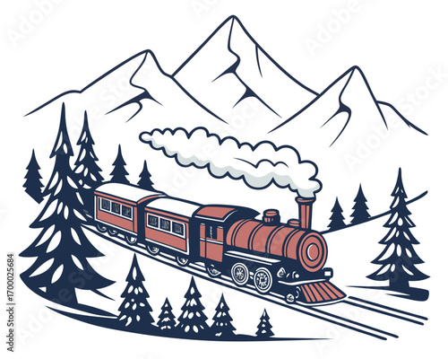 Cozy train passing through snowy mountains, smoke from engine,  vector travel illustration