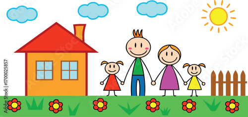 Cartoon Family Portrait Depicting Simple House Surrounded by Clouds and Flowers on a Sunny Day Illustration