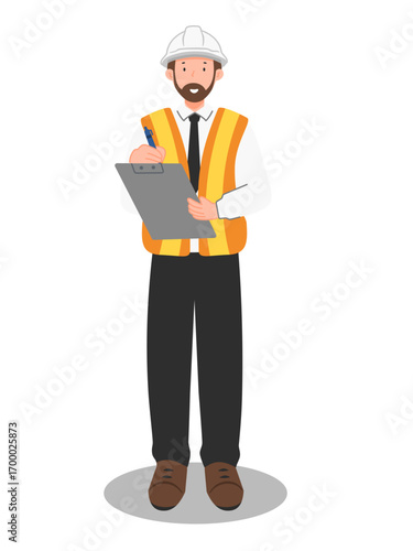 Engineer in safety vest and helmet checking compliance, workplace inspection and occupational safety illustration