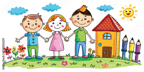 Colorful Children's Drawing Depicting Friendship and Community Featuring Kids Holding Hands a Cheerful House and a Bright Smiling Sun